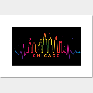 Chicago Pride City Skyline EKG Heartbeat Rainbow Night Posters and Art